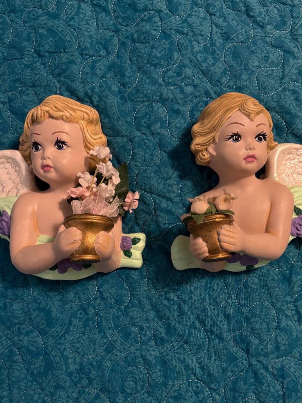 Vintage Pair of Bisque Cherub Angels Ceramic Figurine Wall Decor